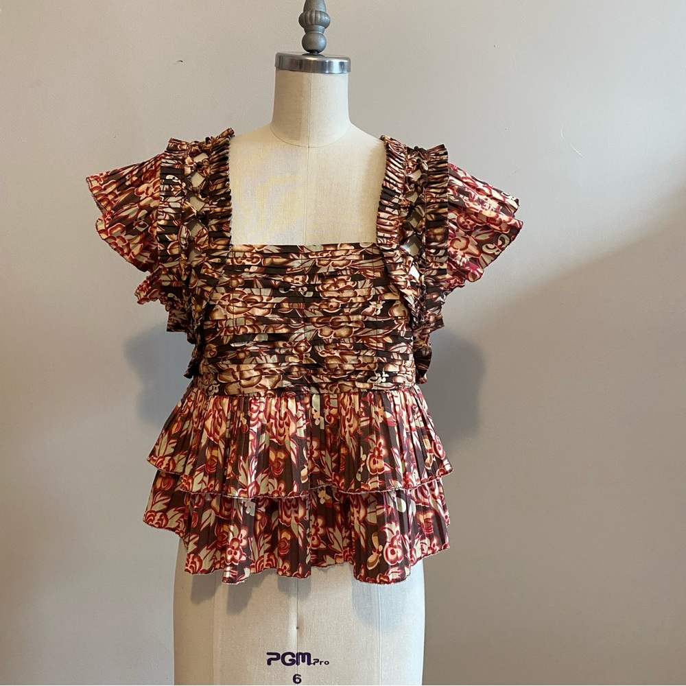 Sea New York Floral Ruffle Top in Brown and Red